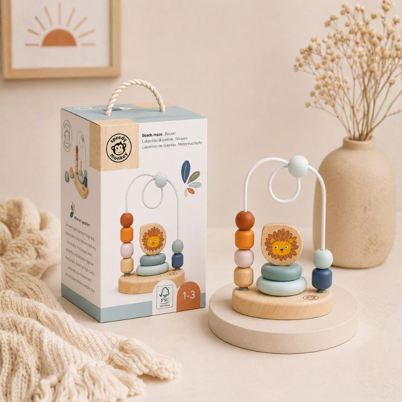 Bead Maze Wooden toy with colorful beads and a lion figure next to its packaging on a neutral background.