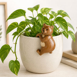 A green leafy houseplant in a speckled off-white ceramic pot with a brown bear figurine climbing out of the side, shown on a tabletop in a softly lit indoor setting.-Bear Pot Hanger