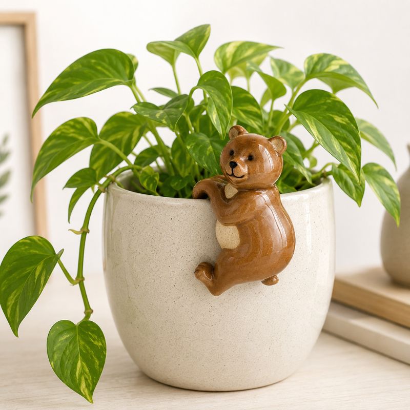 A green leafy houseplant in a speckled off-white ceramic pot with a brown bear figurine climbing out of the side, shown on a tabletop in a softly lit indoor setting.-Bear Pot Hanger