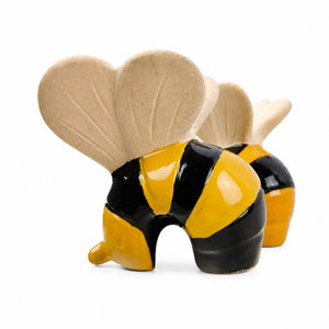 Bee Pot Hanger Black Yellow -  7cm with glossy yellow and black bodies and pale beige wings, photographed on a clean white background.