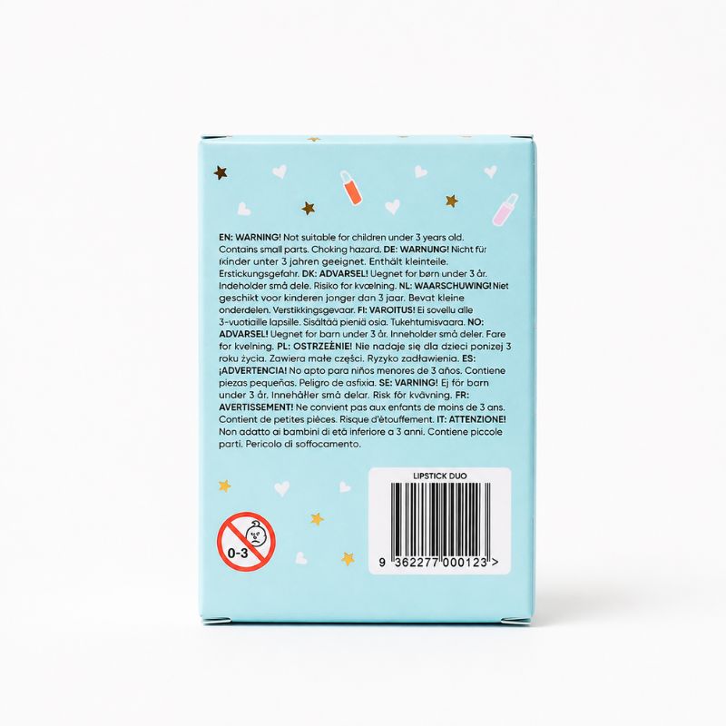 The back of aOh Flossy Better Together Lipstick box shown against a white background, featuring warning text, a barcode, a red circle-and-hand icon, and small decorative star and heart illustrations.