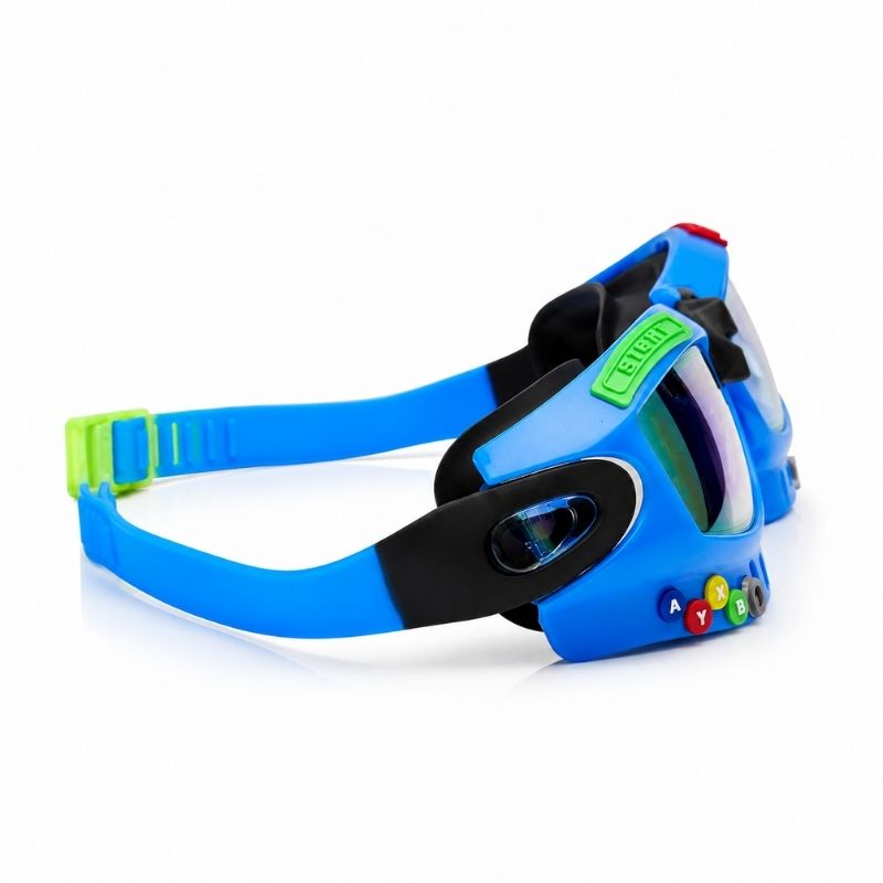 Side view of Bling2o Gamer Console Cobalt swim goggles with adjustable back clip and colorful strap