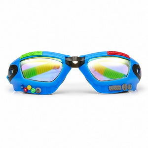 Front view of Bling2o Gamer Console Cobalt swim goggles showing mirrored lenses and gaming controller details