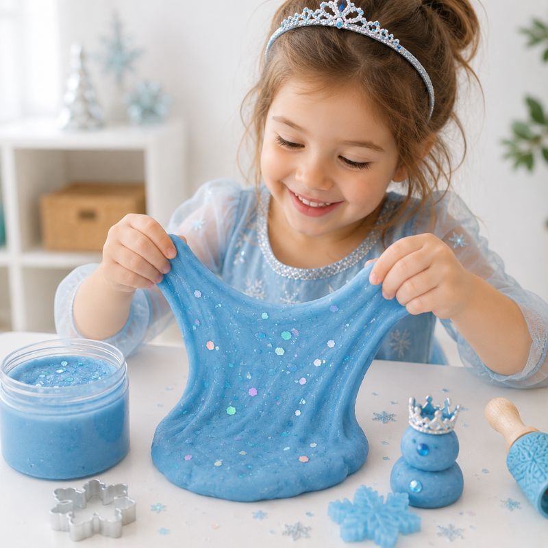 Smiling child stretching Ice Queen glitter playdough during imaginative sensory play