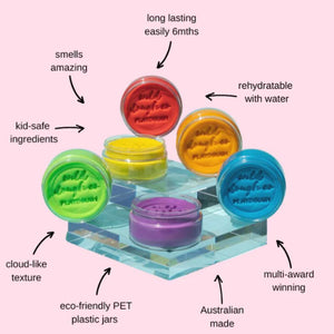 Wild Dough sensory playdough features including kid-safe ingredients, long-lasting formula, and rehydratable texture