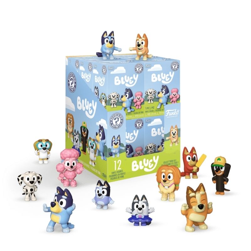 Collection of Bluey toy figures with their packaging on a white background