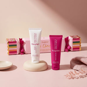 Huxter Body Cleanser and Body Cream gift set with pink Christmas cracker box