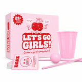 Pink party game set including a box labeled 'LET'S GO GIRLS!', a pink cup, a pink ball, pink straws, and cards on a white background.