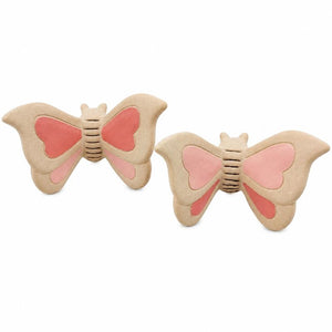 Two butterfly-shaped hair claw clips in beige faux suede with pink and coral pink wing inserts, displayed on a clean white background.-Butterfly Pot Hanger Pink 8cm