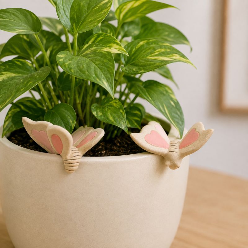 A potted pothos plant with variegated green and yellow leaves, decorated with two small beige bunny figurines with pink inner ears, sitting in a cream-colored ceramic pot on a wooden surface.-Butterfly Pot Hanger Pink 8cm