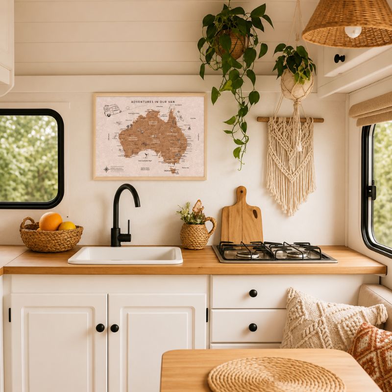Small kitchen with wooden countertop, sink, and stove, decorated with plants and a map of Australia.
