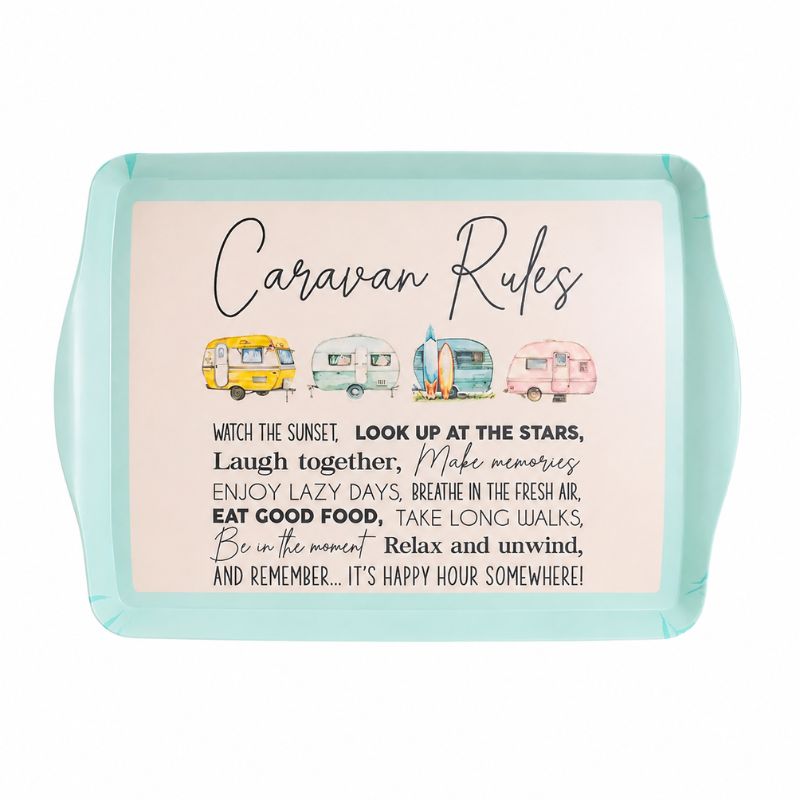 A Caravan Bamboo Melamine Serving Tray with rounded corners, featuring a mint aqua border and a cream center printed with the title 'Caravan Rules' and a list of camping-themed rules. Small watercolor campers appear across the top, and the sign is photographed on a plain white background.