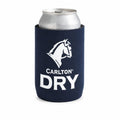 A navy blue neoprene can cooler sleeve with a white horse logo and the text 'CARLTON DRY' on the front, holding a silver aluminum can against a plain white background.