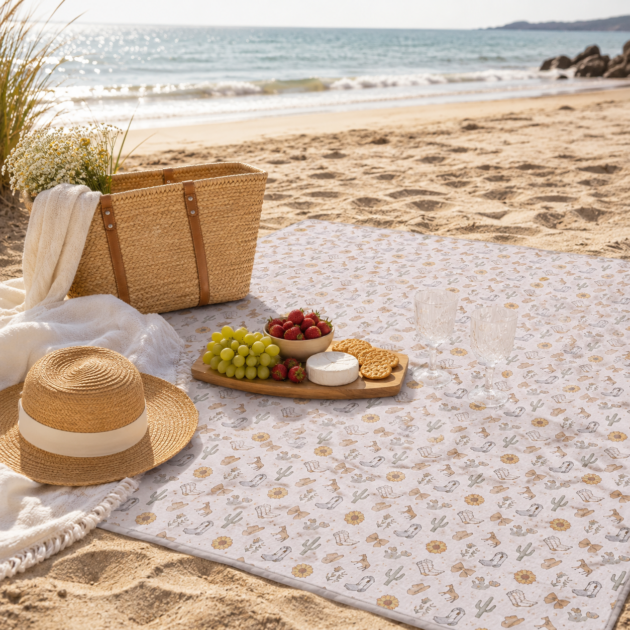 A beach picnic setup on a sandy shore with a Saddle & Bloom Picnic Rug woven straw tote bag, a straw hat, a blanket, a tray with grapes, strawberries, cheese, and crackers, and two clear drinking glasses, with the ocean in the background.