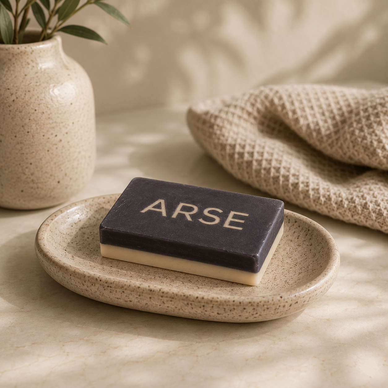 Bar of soap with 'ARSE' text on a speckled ceramic plate, next to a plant and towel.
