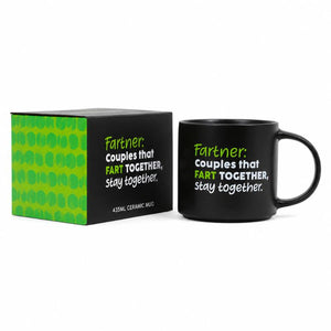 A Cheeky Fart Mug
 with a humorous definition of 'Fartner' next to its black and green patterned packaging box, on a clean white background.