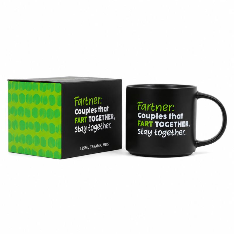A Cheeky Fart Mug
 with a humorous definition of 'Fartner' next to its black and green patterned packaging box, on a clean white background.
