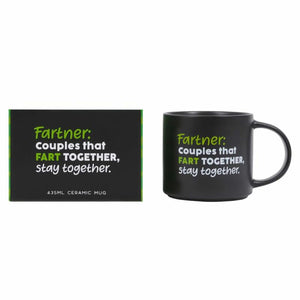 A Cheeky Fart Mug
 with a matching black packaging box, both featuring the humorous text 'Fartner: Couples that FART TOGETHER, stay together.' in lime green and white lettering, set against a plain white background.