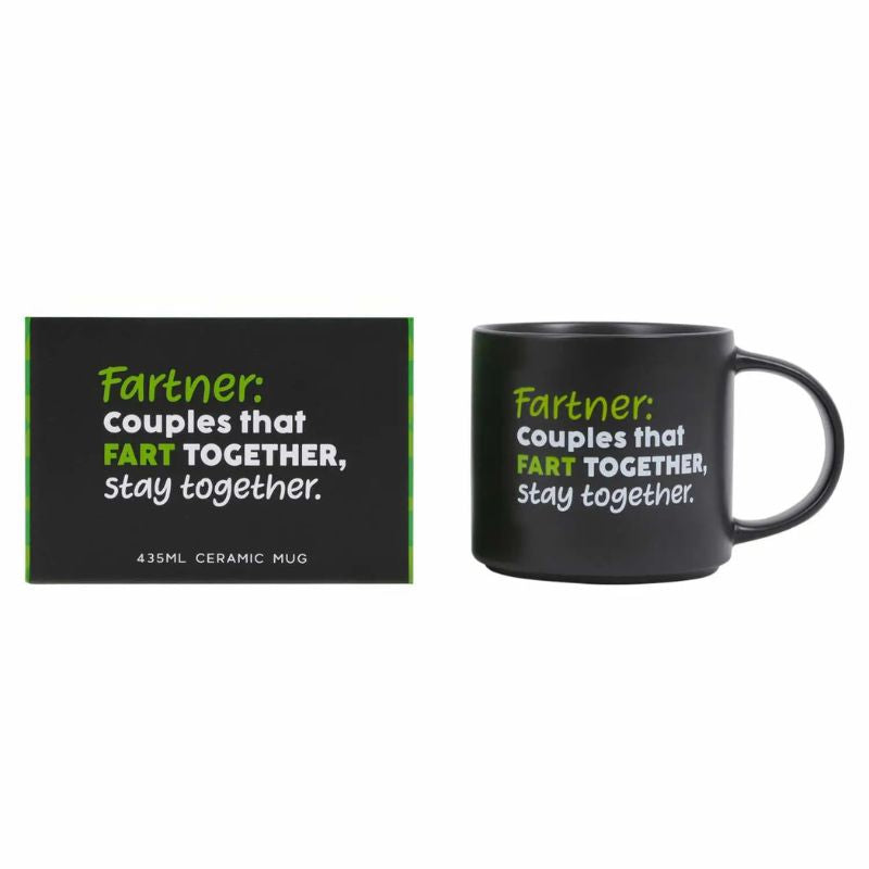 A Cheeky Fart Mug
 with a matching black packaging box, both featuring the humorous text 'Fartner: Couples that FART TOGETHER, stay together.' in lime green and white lettering, set against a plain white background.