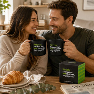 A smiling couple holds Cheeky Fart Mug
 with the printed phrase 'Fartnier: Couples that FART TOGETHER, stay together.' in green and white text.