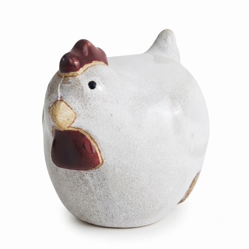 A ceramic chicken figurine with a speckled light gray body, dark reddish-brown comb and beak, and a small black eye, shown on a plain white background.-Chicken Pot Hanger White 6cm