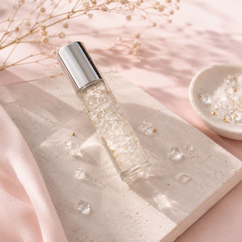 Clarity essential oil roller with silver cap with dried flowers and a bowl in the background