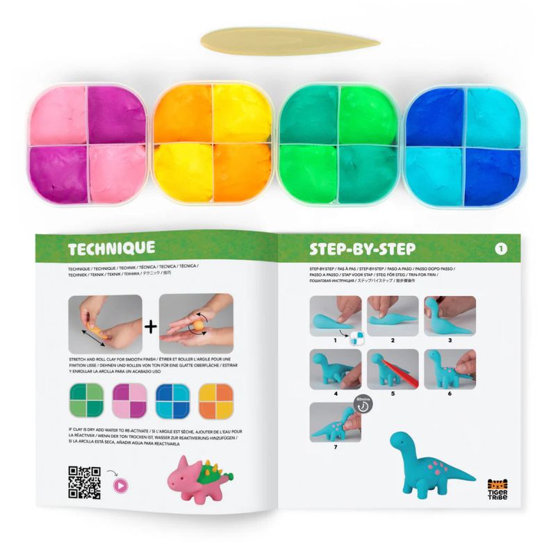 Claytopia dinosaur kit contents with colorful clay and tools