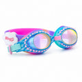 Cloud Blue Sunny Day Swim Goggles with rainbow strap, cloud slider, and sparkling rhinestone details on a white background.