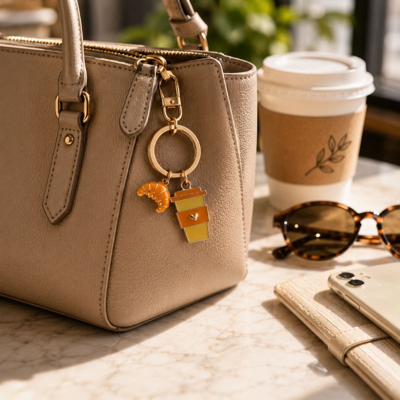 A beige leather handbag with gold-tone hardware and a coffee and a friend keyring, styled on a marble surface with a coffee cup, sunglasses, a phone, and a notebook nearby.