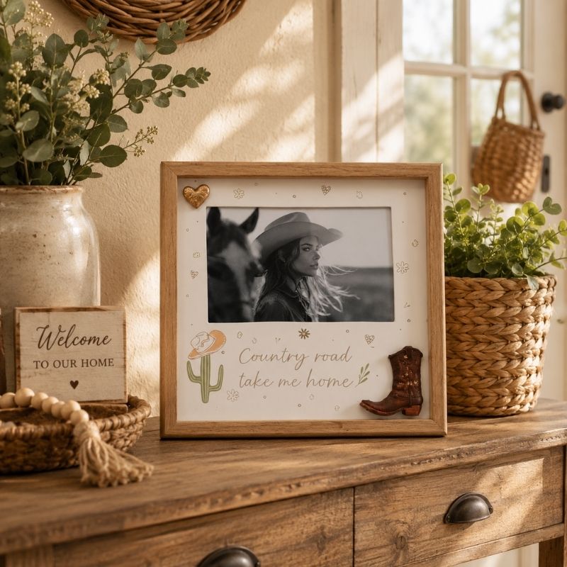 Decorative framed Country Road Take Me home picture with a cowboy theme on a wooden surface with plants and a 'Welcome to our home' sign.