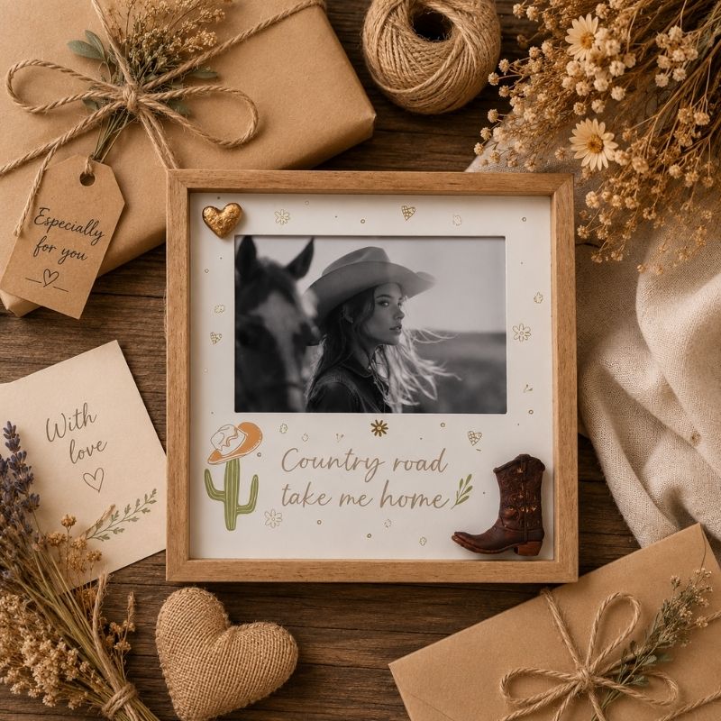 Wooden photo frame Country Road Take Me Home with a picture of a woman and horse, surrounded by rustic decor on a wooden surface.