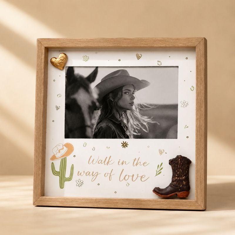 Country Road Walk in the name of love western photo frame with natural wood frame, cactus illustration, cowboy boot accent and farmhouse-inspired décor details on a warm beige background.