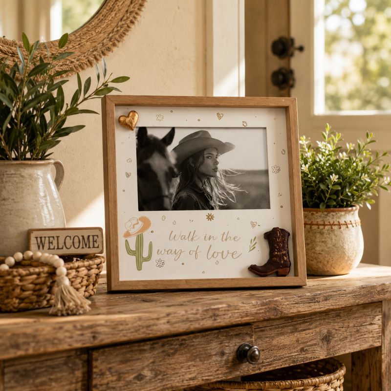 Framed photo Walk in the name of Love of a couple with a horse, decorative items on a wooden surface.
