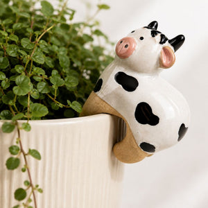 A ceramic cow figurine with a glossy white body, black spots, pink nose and ears, and tan legs, perched on the edge of a white ribbed planter filled with green trailing foliage.-Cow Pot Hanger - 8cm