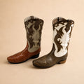 Brown and cream cowboy boot pot holders set with western scrollwork detailing on a warm beige background.