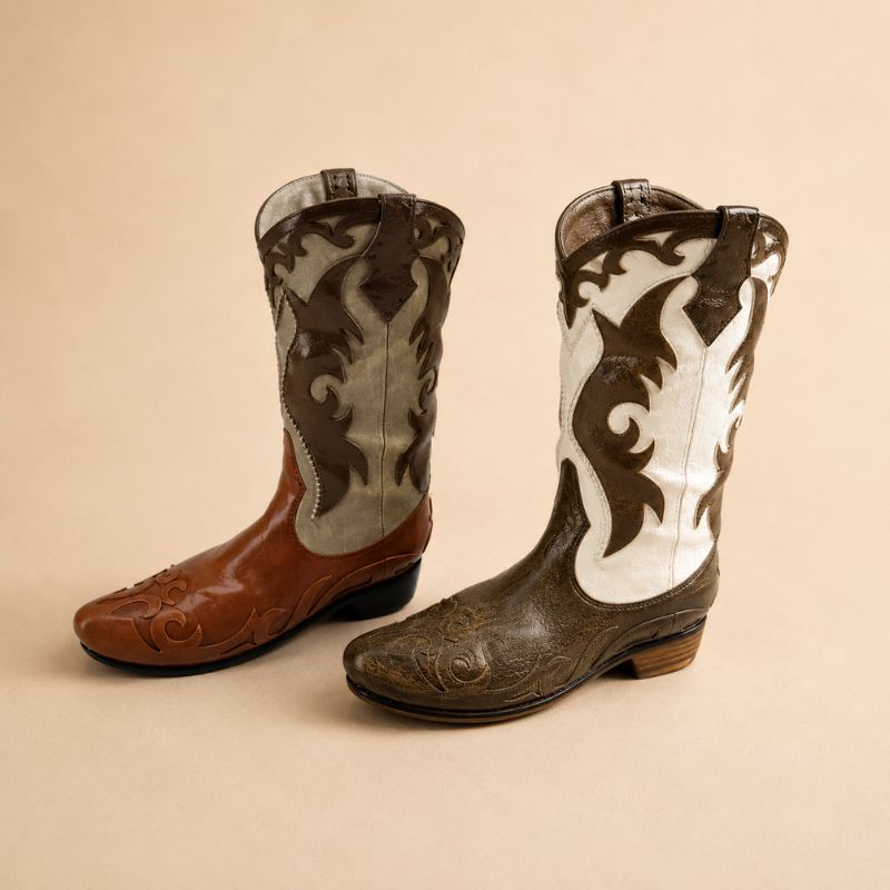 Brown and cream cowboy boot pot holders set with western scrollwork detailing on a warm beige background.