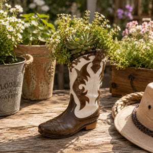 Western cowboy boot planter filled with lush greenery and flowers on a sunlit garden patio surrounded by rustic outdoor décor.