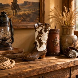 Decorative cowboy boot pot holders styled on a rustic wooden shelf with dried wheat, ceramic vases, and farmhouse décor.