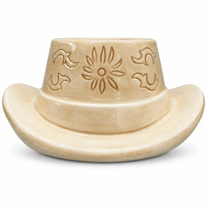 Tan ceramic cowboy hat planter with embossed Western floral design
