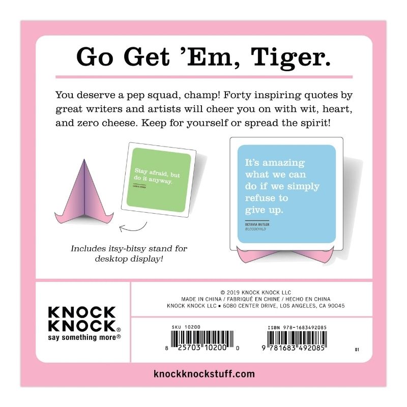 Back cover of a Crush Your Goals Inner-Truth Deck with motivational quotes and Knock Knock branding