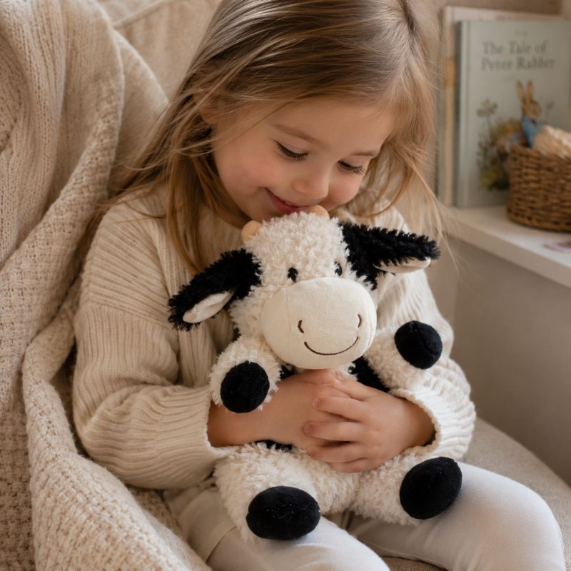 Child cuddling Curly Cow Soft Toy White & Black 18cm plush toy in a cozy nursery setting by Love Shack Giftware
