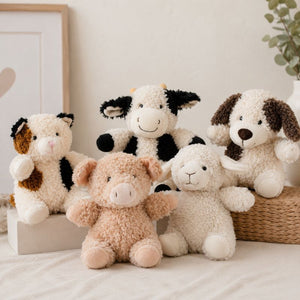Curly Cow Soft Toy White & Black 18cm with matching farm animal plush toys collection by Love Shack Giftware