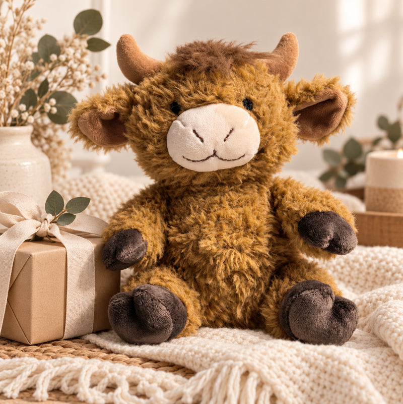 Curly Highland Cow soft toy styled as a kids gift