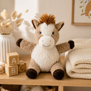 Curly Horse Soft Toy Brown 18cm displayed on nursery shelf with baby décor, premium plush horse toy by Love Shack Giftware