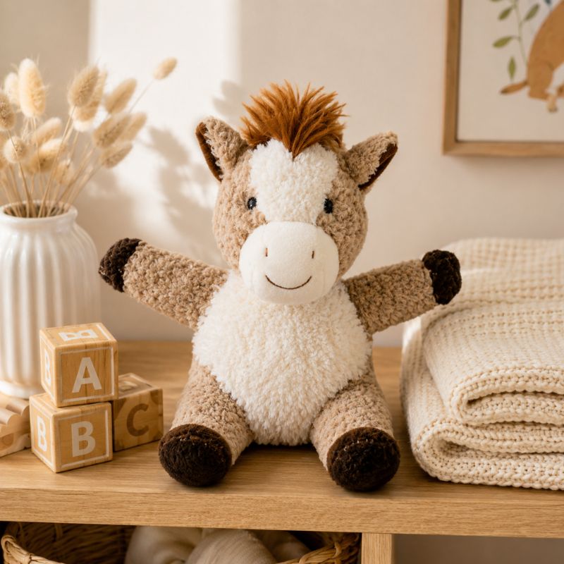 Curly Horse Soft Toy Brown 18cm displayed on nursery shelf with baby décor, premium plush horse toy by Love Shack Giftware