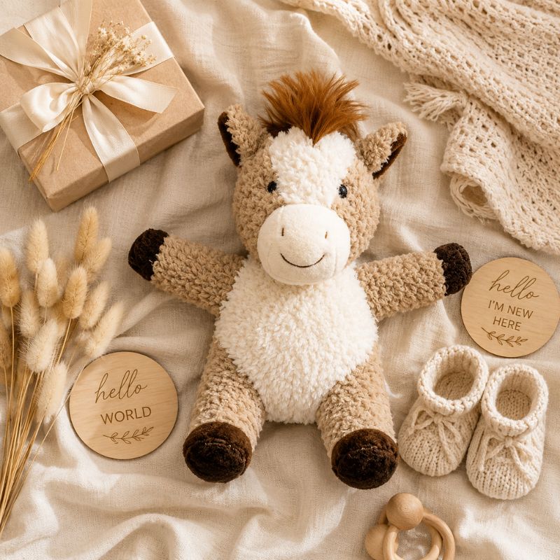 Curly Horse Soft Toy Brown 18cm flat lay with baby shower gifts and nursery accessories, plush horse toy by Love Shack Giftware