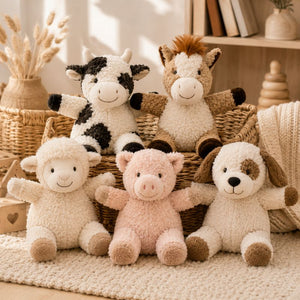 Curly Horse Soft Toy Brown 18cm with matching farm animal plush toy collection including cow, sheep, pig and puppy by Love Shack Giftware