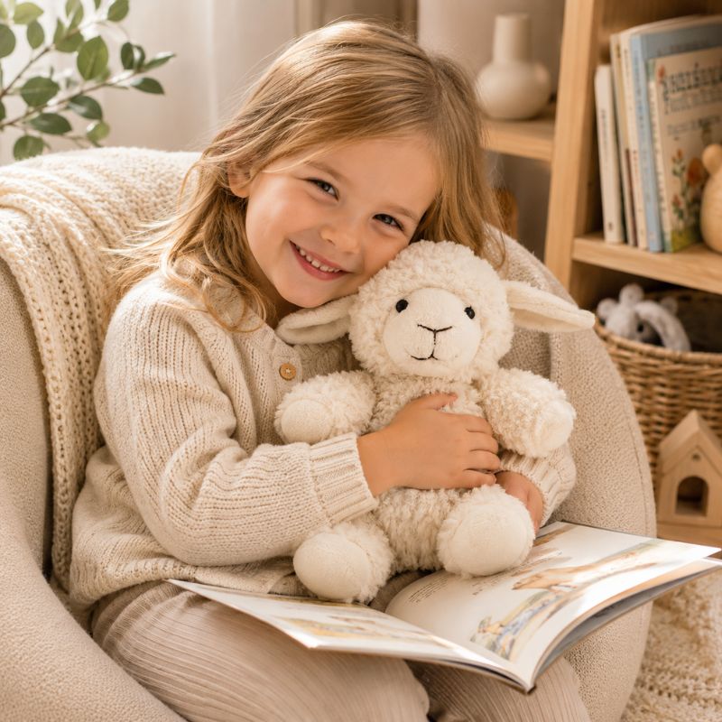 Child cuddling white curly sheep soft toy while reading in a cosy nursery setting by Love Shack Giftware