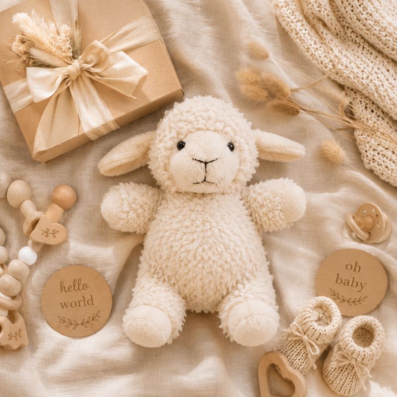 White curly sheep soft toy styled with baby shower gifts, linen blanket and nursery accessories by Love Shack Giftware