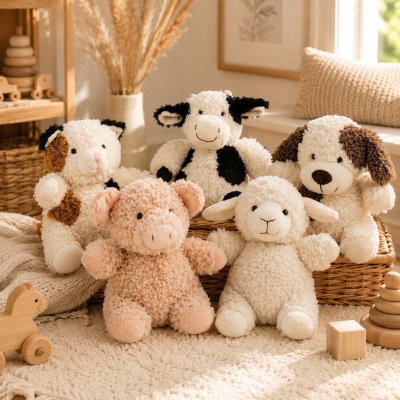White curly sheep soft toy with matching farm animal plush collection including cow, pig and puppy by Love Shack Giftware